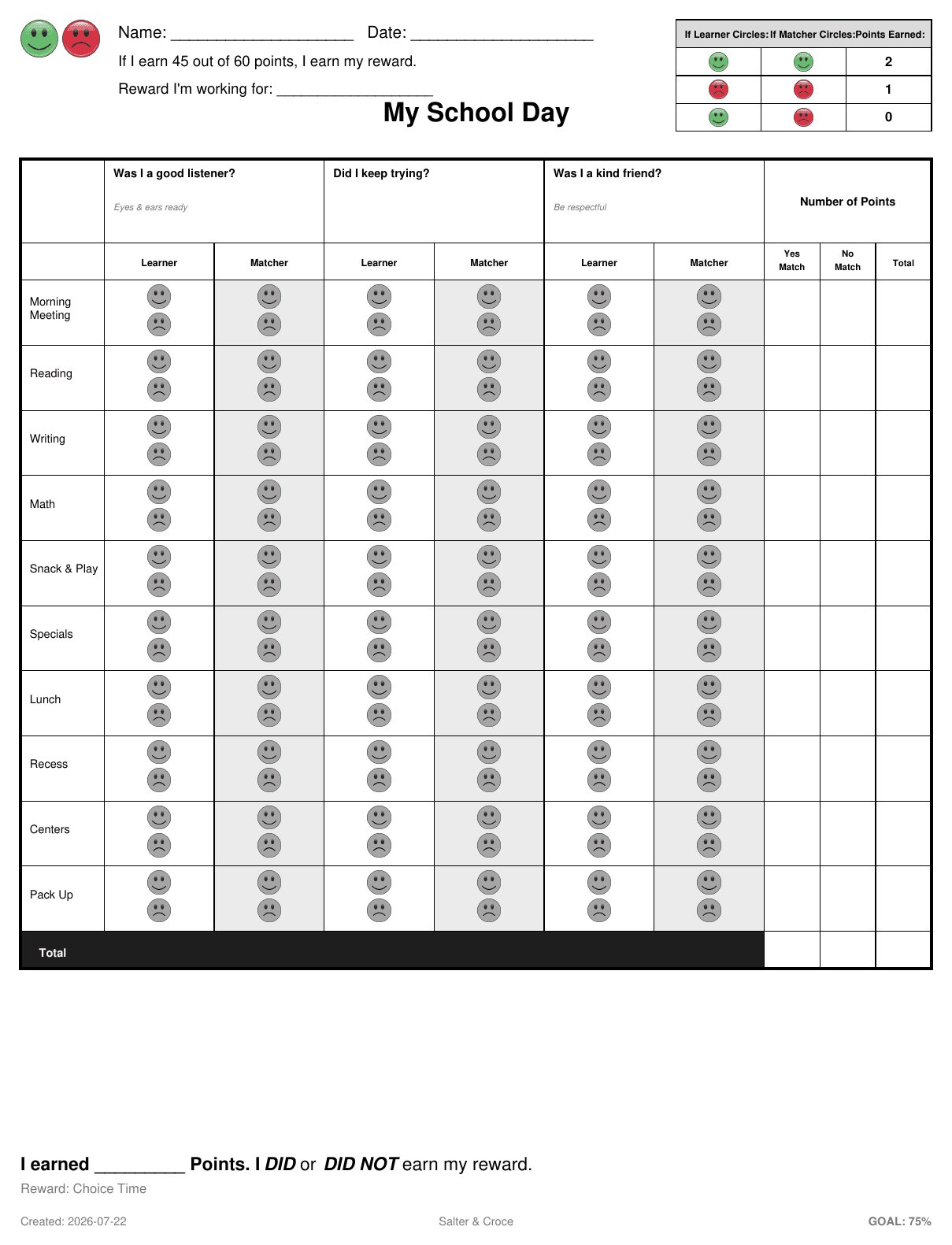 A portrait full-day Self & Match check-in form with smiley/frown faces