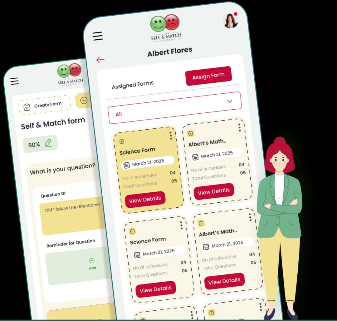Diagram of the Self & Match self-monitoring concept: a learner rates their behavior and a staff member matches