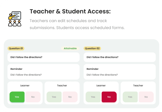 Self & Match learner check-in screen where a student rates their own behavior
